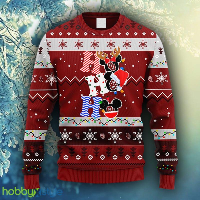 NCAA Christmas Oklahoma Sooners HoHoHo Mickey Christmas Ugly Sweater For Men Women - NCAA Oklahoma Sooners HoHoHo Mickey Christmas Ugly Sweater_1
