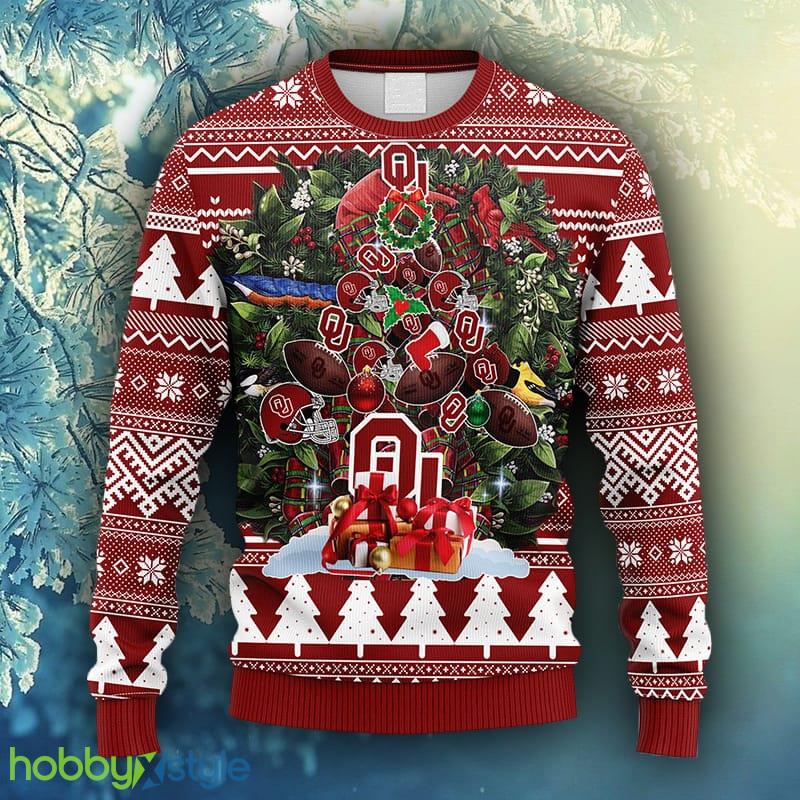 NCAA Christmas Oklahoma Sooners Tree Ugly Christmas Fleece Sweater For Men Women - NCAA Oklahoma Sooners Tree Ugly Christmas Fleece Sweater_1