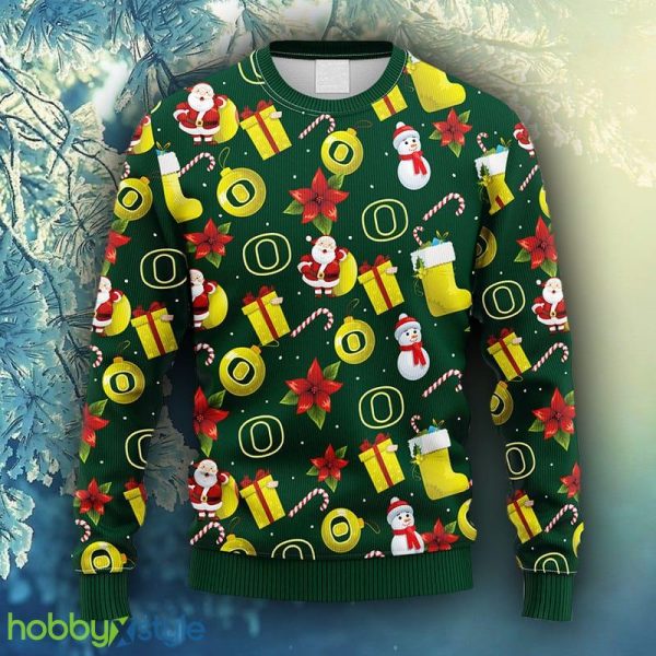 NCAA Christmas Oregon Ducks Santa Claus Snowman Christmas Ugly Sweater For Men Women - NCAA Oregon Ducks Santa Claus Snowman Christmas Ugly Sweater_1