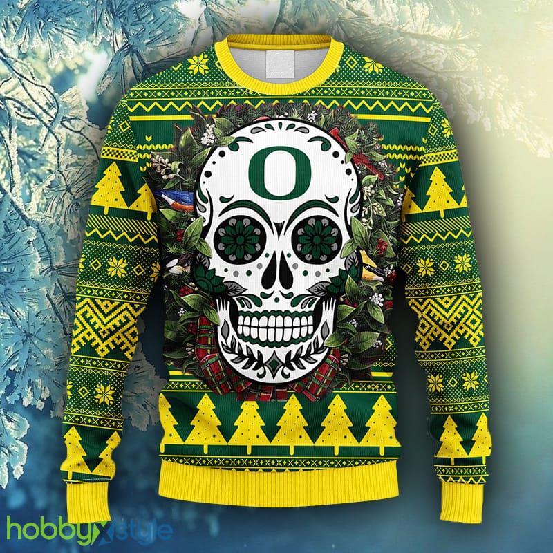 NCAA Christmas Oregon Ducks Skull Flower Ugly Christmas Ugly Sweater For Men Women - NCAA Oregon Ducks Skull Flower Ugly Christmas Ugly Sweater_1