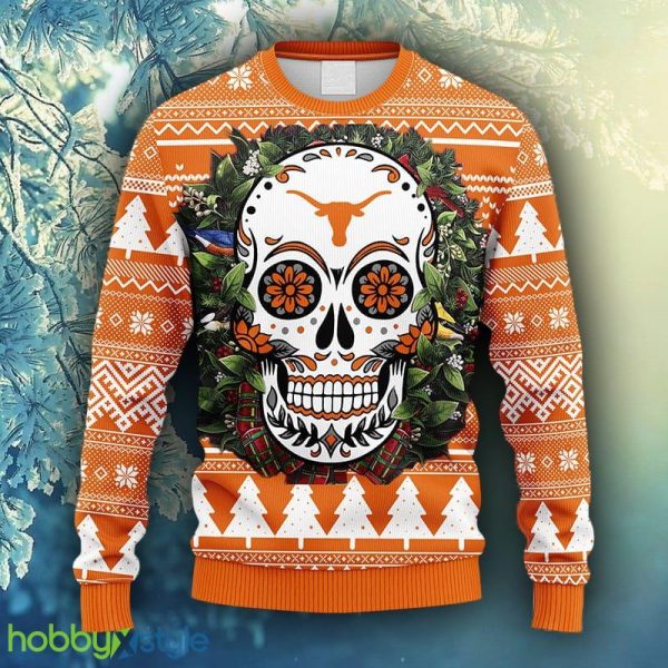 NCAA Christmas Texas Longhorns Skull Flower Ugly Christmas Ugly Sweater For Men Women - NCAA Texas Longhorns Skull Flower Ugly Christmas Ugly Sweater_1