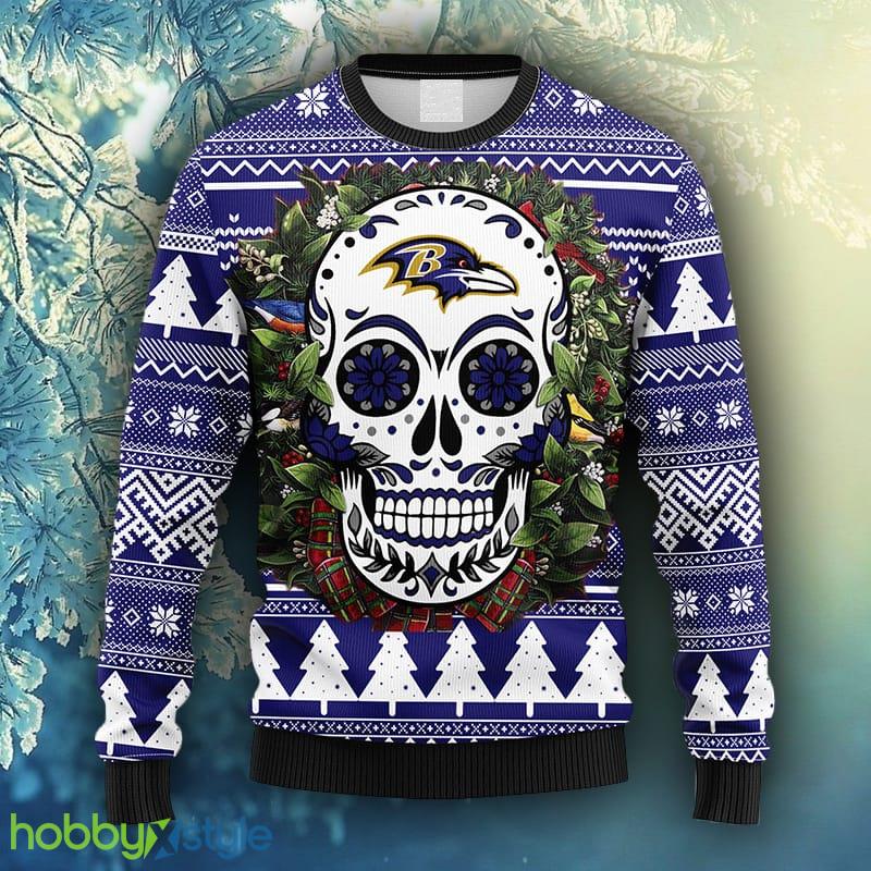NFL Fans Baltimore Ravens Skull Flower Ugly Christmas Ugly Sweater For Men Women - NFL Baltimore Ravens Skull Flower Ugly Christmas Ugly Sweater_1