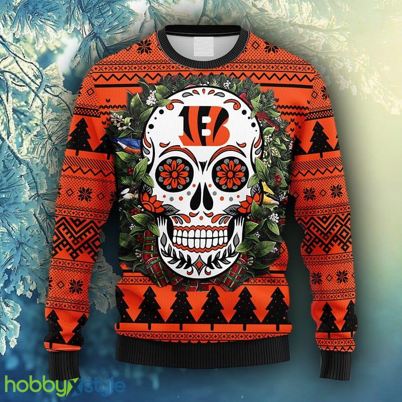 NFL Fans Cincinnati Bengals Skull Flower Ugly Christmas Ugly Sweater For Men Women - NFL Cincinnati Bengals Skull Flower Ugly Christmas Ugly Sweater_1