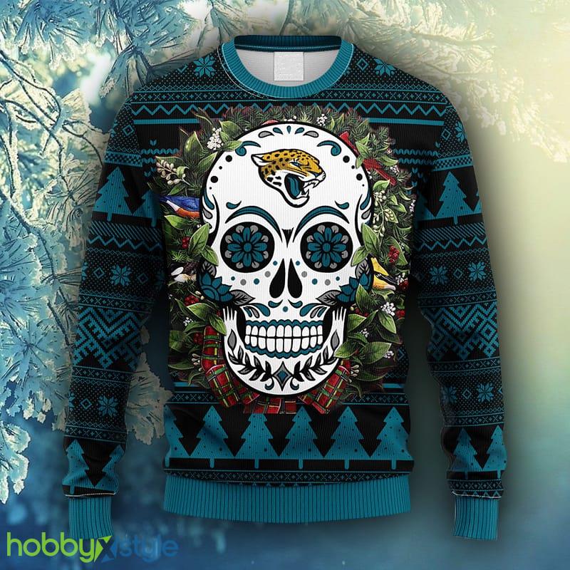 NFL Fans Jacksonville Jaguars Skull Flower Ugly Christmas Ugly Sweater For Men Women - NFL Jacksonville Jaguars Skull Flower Ugly Christmas Ugly Sweater_1