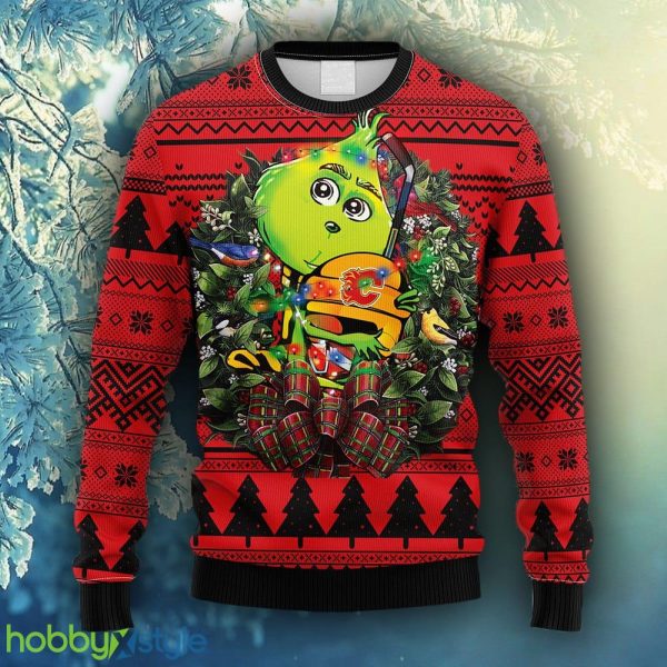 NHL Logo Calgary Flames Grinch Hug Christmas Ugly Sweater For Men Women - NHL Calgary Flames Grinch Hug Christmas Ugly Sweater_1