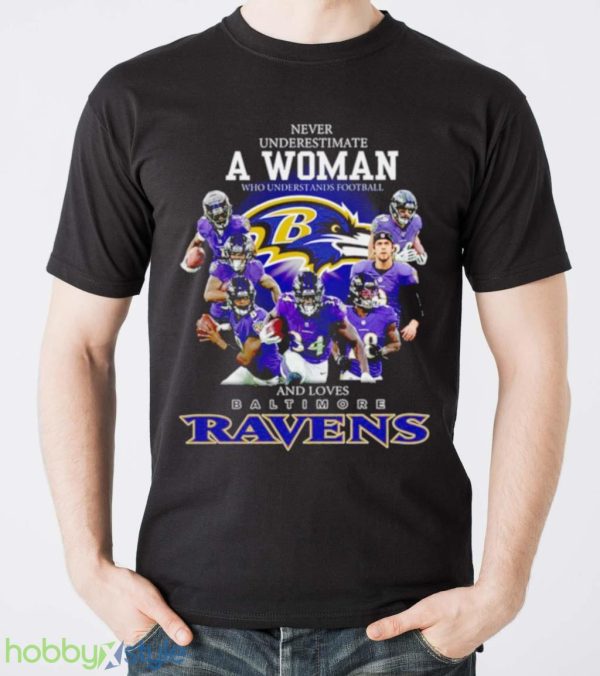 Official 2021 Never Underestimate A Woman Who Understands Football And Loves Baltimore Ravens Shirt Product Photo 5