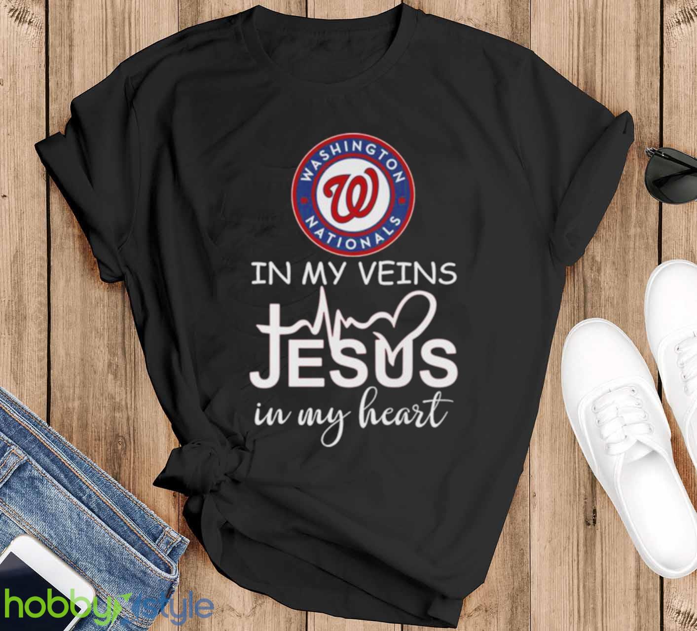 Washington Nationals Logo 2023 In My Veins Jesus In My Heart shirt - Black T-Shirt