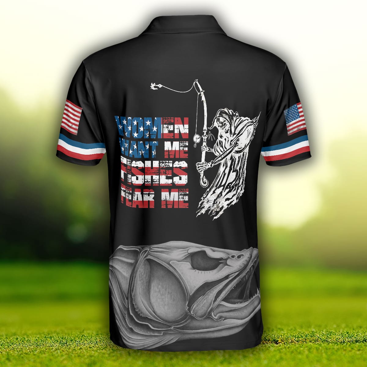 Woman Want Me Fishes Fear Me White Version, Fish Skeleton Reaper American Flag, Best Fishing Shirt Polo Shirt - 090823-105939
