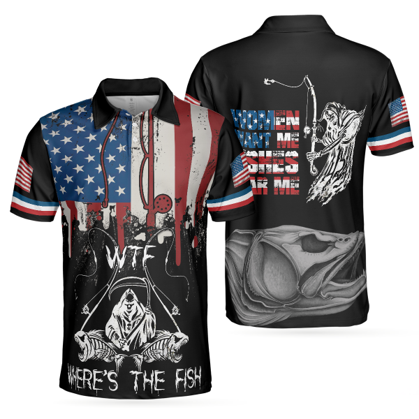 Woman Want Me Fishes Fear Me White Version, Fish Skeleton Reaper American Flag, Best Fishing Shirt Polo Shirt - 090823-105902