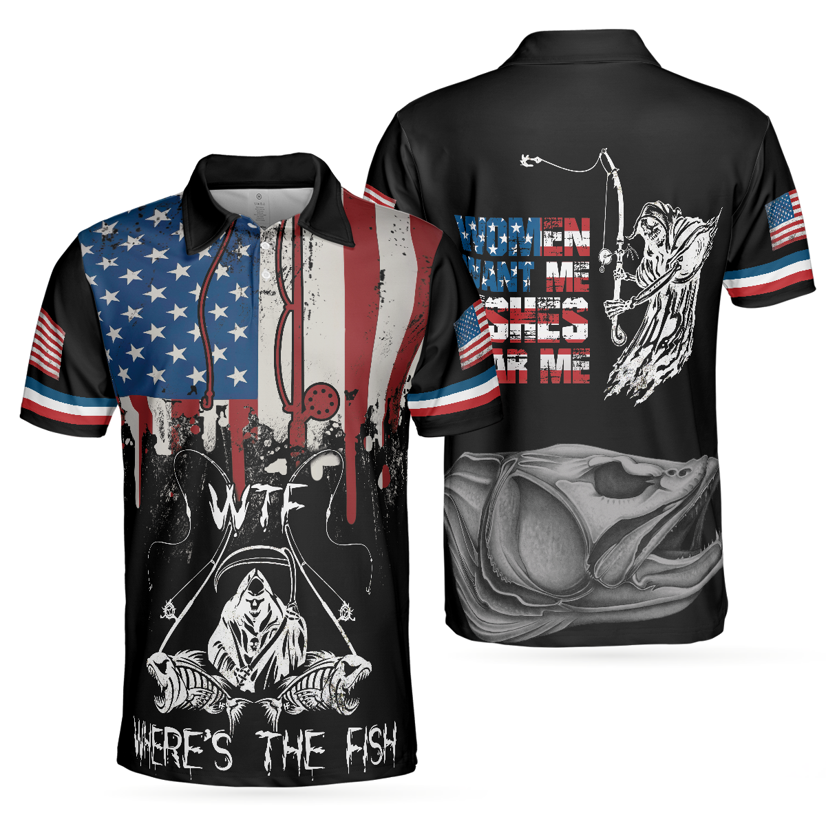 Woman Want Me Fishes Fear Me White Version, Fish Skeleton Reaper American Flag, Best Fishing Shirt Polo Shirt - 090823-105902