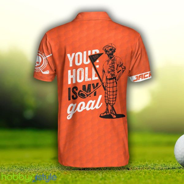 Your Hole Is My Goal Bones Men's, Orange American Flag Golf Shirt Custom Name Polo Shirt - Your Hole Is My Goal Bones Men's Custom Polo Shirt, Personalized Orange American Flag Golf Shirt For Men_3